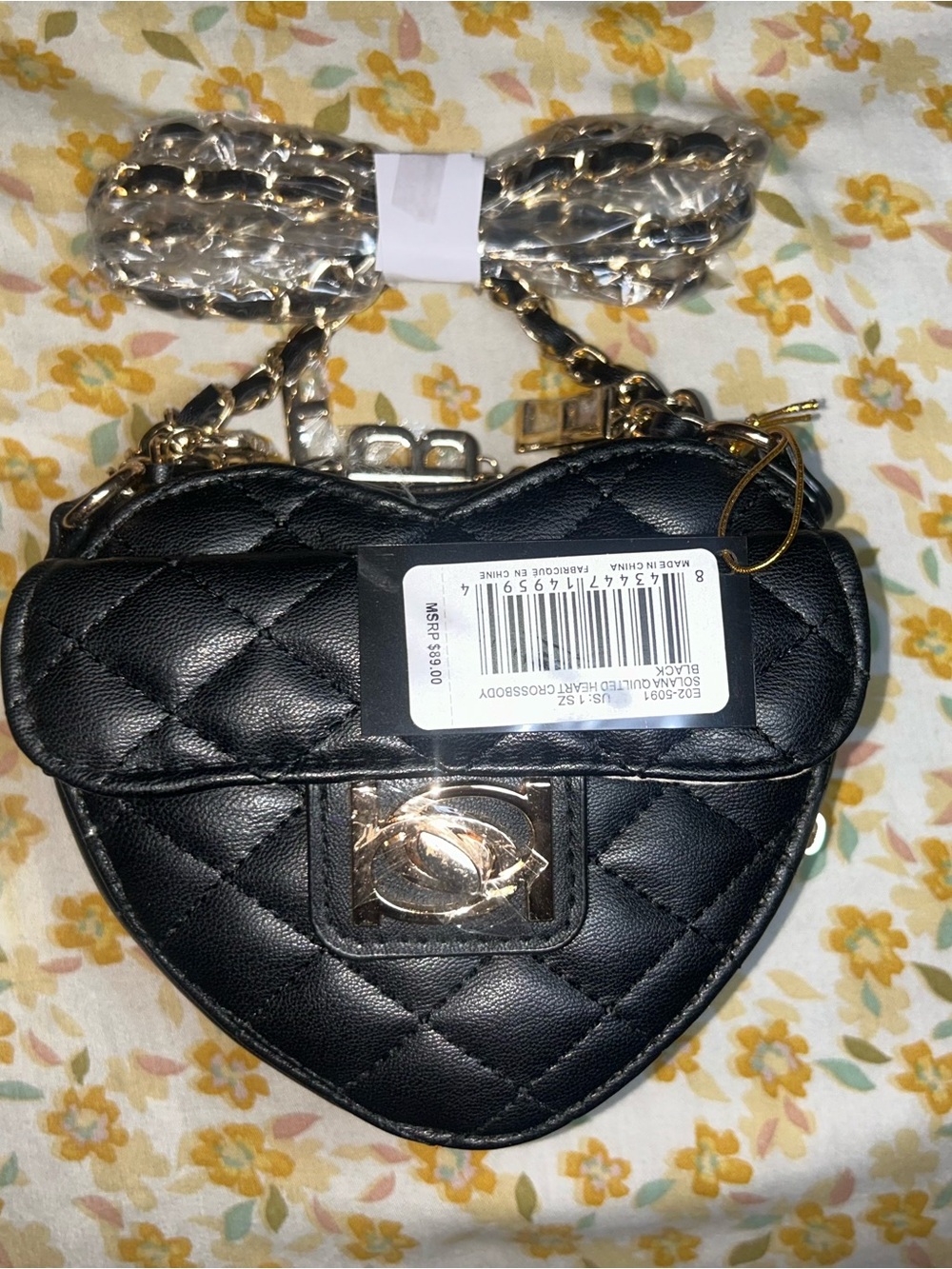 bebe Black Quilted Heart Mini Crossbody with Gold Hardware